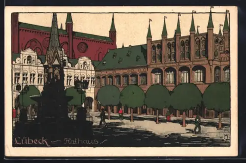 Steindruck-AK Lübeck, Am Rathaus