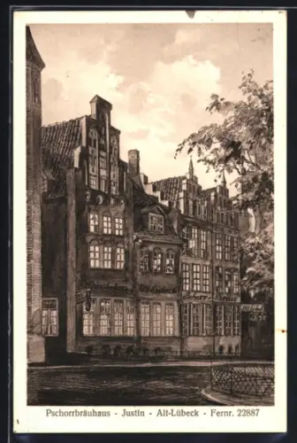 AK Lübeck, Gaststätte Pschorrbräuhaus Justin, Alt-Lübeck, mit Strasse