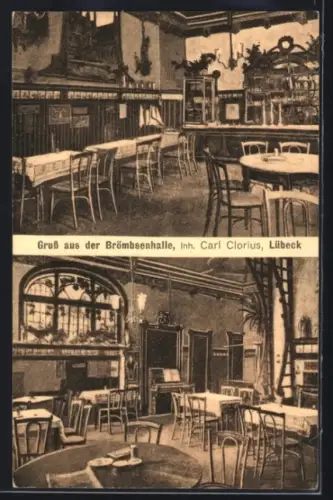 AK Lübeck, Gasthaus Brömbsenhalle, Inh. Carl Clorius, Innenansichten