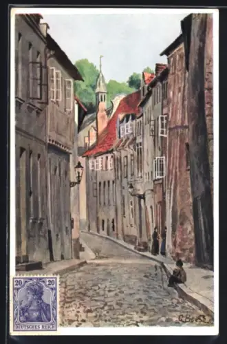 Künstler-AK Lübeck, Kleiner Kiesau, Strassenpartie mit Turm