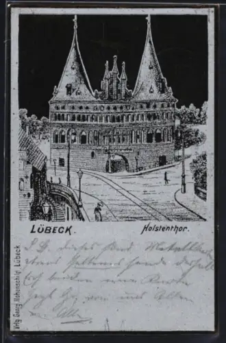Metallfolie-AK Lübeck, Holstentor aus der Vogelschau