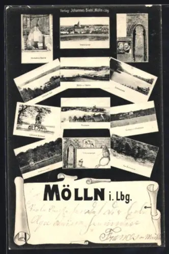 AK Mölln i. Lbg., Kurhaus mit Stadtpark, Totalansicht, Lützow-Denkmal, Postkartenansichten