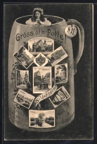 AK Hildesheim, Marktplatz, Rolandbrunnen, Rathaus, Wappen, verschiedene Ansichten auf Bierkrug, §11
