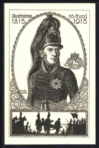 Lithographie Braunschweig, Quatrebras 1915, 100 Jahre Schlachtjubiläum, preussischer Offizier, Soldaten, Kriegshilfekarte