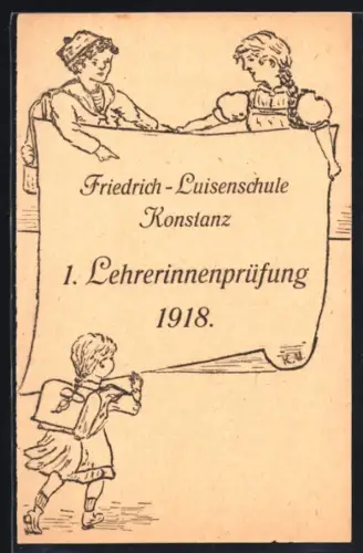Lithographie Konstanz, Friedrich-Luisenschule, 1. Lehrerinnenprüfung 1918, Schüler, Tornister