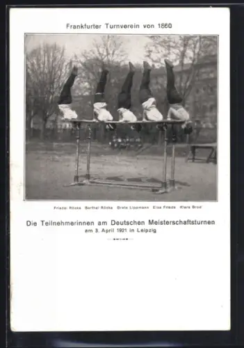 AK Frankfurt am Main, Frankfurter Turnverein von 1860, Teilnehmerinnen Deutsches Meisterschaftsturnen 1921 am Reck