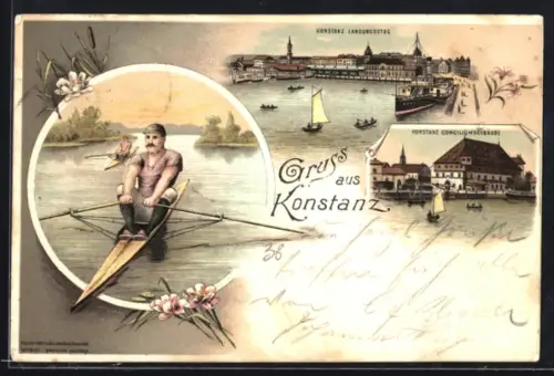 Lithographie Konstanz, Landungssteg, Conciliengebäude, Ruderer auf dem Bodensee
