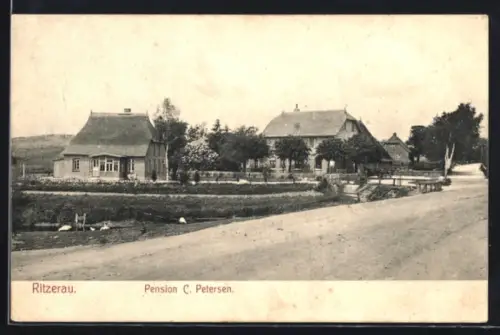 AK Ritzerau, Pension C. Petersen mit Nachbarhäusern u. Strasse