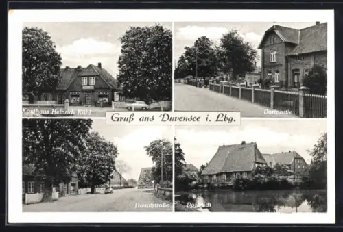 AK Duvensee i. Lbg., Kaufhaus Heinrich Kühl, Dorfteich, Hauptstrasse, Dorfpartie