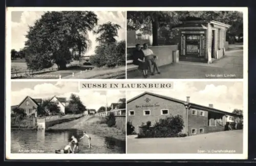AK Nusse /Lauenburg, Alte Buche, Unter den Linden, Spar- und Darlehenskasse