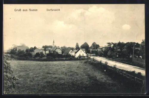 AK Nusse, Ortsansicht mit Strasse aus der Vogelschau