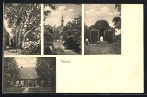 AK Nusse, Kirche mit Umgebung, Baumhaus, Denkmalanlage, Wohnhaus
