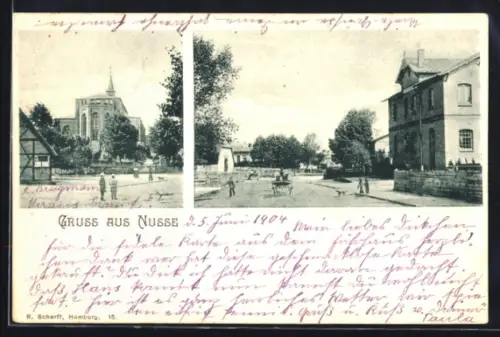 AK Nusse, Kirche mit Umgebung, Ortspartie mit grossem Gebäude