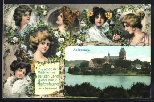 AK Ratzeburg, Mädchenporträts und Ortsansicht mit Dom