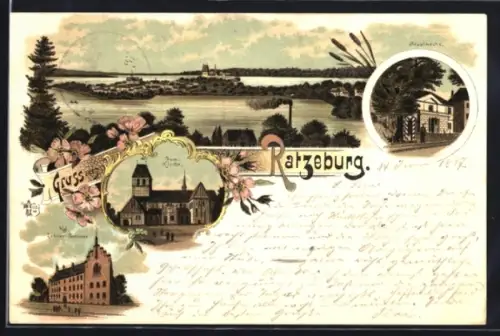 Lithographie Ratzeburg, Dom, Hauptwache, Lehrerseminar