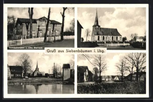AK Siebenbäumen i. Lbg., Gemischtwaren Otto Bielfeldt, Kirche, Ortspartien