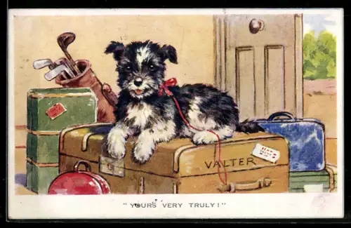 AK Yours Very Truly!, Hund auf Reisegepäck