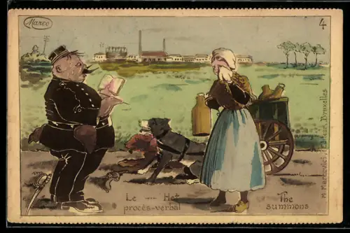 AK Schwitzender Polizist und weinende Milchfrau mit Hundegespann