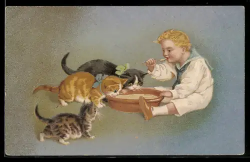 AK Kleiner Junge löffelt zusammen mit Katzenkindern aus einer Breischale