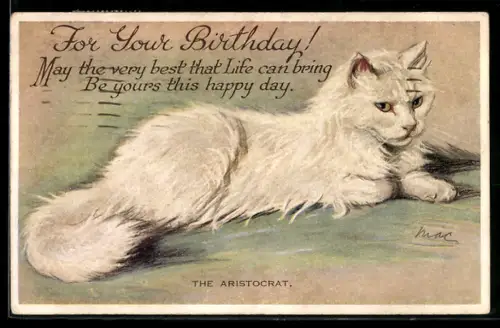 AK The Aristocrat, Weisse Katze, Geburtstagsgruss