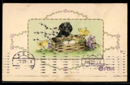 Präge-AK Dackel betrachtet schlüpfende Osterküken, Ostergruss