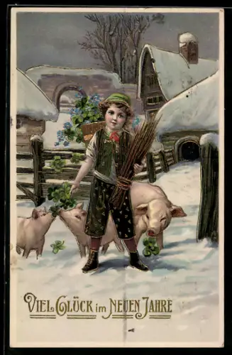 AK Knabe mit Reisigbündel und Schweinen, Neujahrsgruss