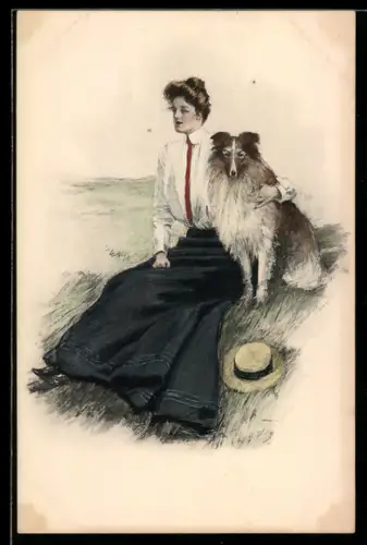 AK Elegante Dame sitzt mi ihrem Collie im Grünen