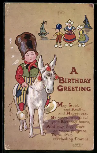AK Kleiner Holländer auf einem Esel, Geburtstagsgruss