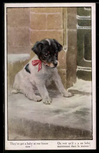 Künstler-AK Kleiner Hund ist eifersüchtig auf das neue Baby