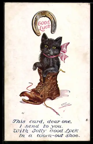 AK Kleine Katze in einem zerfledderten Schuh, Hufeisen