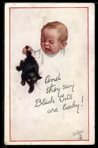 AK Weinendes Baby hält entsetztes Katzenbaby am Schwanz in die Luft