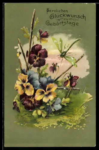 Präge-AK Fliegende Libelle neben Stiefmütterchen, Geburtstagsgruss