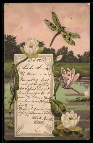 AK Libellen und Seerosen an einem See