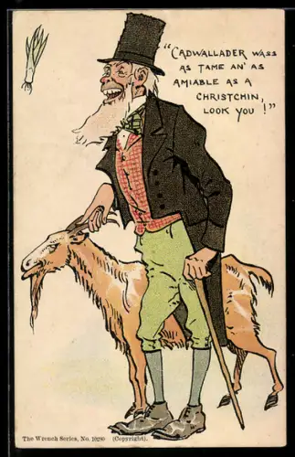 AK Bärtiger Mann im Gehrock hält Ziegenbock an den Hörnern