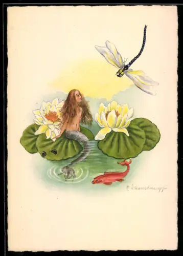 Künstler-AK Wassernixe sitzt auf einer Seerose und schaut zur Libelle