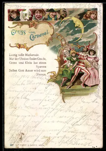 Lithographie Gruss vom Carneval, ausgelassen feiernde Narren