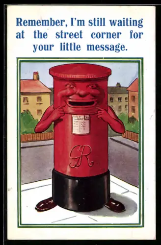 AK Briefkasten mit Menschengesicht und Armen
