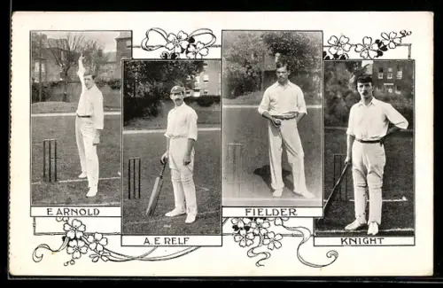 AK Cricketspieler E. Arnold, A. E. Relf, Fielder und Knight