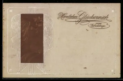 AK Junge Frau betrachtet eine Rosenblüte, Glückwunsch zum Geburtstag, Jugendstil