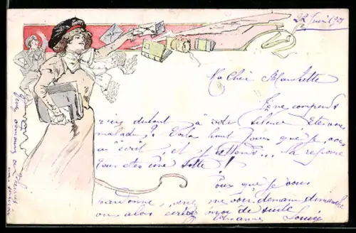 AK Junge Frau greift im stürmischen Wind nach einem Brief, Jugendstil