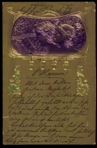 Präge-AK Mädchen sind vertieft in die Lektüre, Jugendstil-Ornamentik