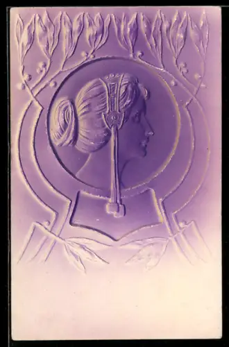 Präge-AK Seitenporträt einer jungen Frau mit Jugendstil-Ornamentik