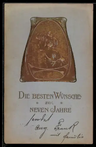 Präge-AK Junge Frau mit Hochsteckfrisur im Seitenporträt, Jugendstil-Ornamentik