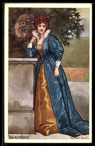 AK Elegante Dame im langen Kleid lehnt an einer Mauer, Beatrice, Jugendstil