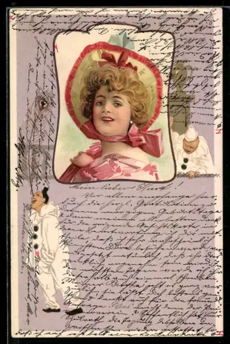 AK Jugendstil balanciert eine Pfauenfeder auf seiner Nase, Porträt einer Frau, Jugendstil