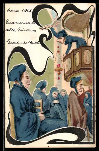AK Geistlicher predigt von der Kanzel, Jugendstil-Ornamentik