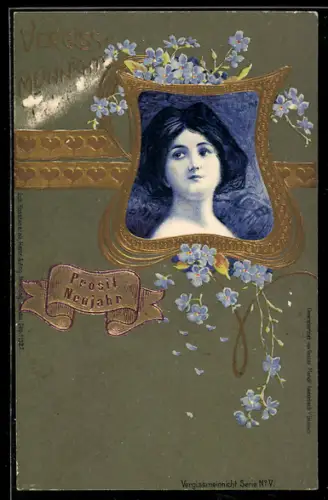 AK Vergissmeinnicht, Portrait junges Mädchen, Jugendstil