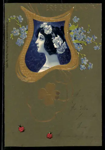 AK Mädchen mit Blumen im Haar, Jugendstil-Ornamentik