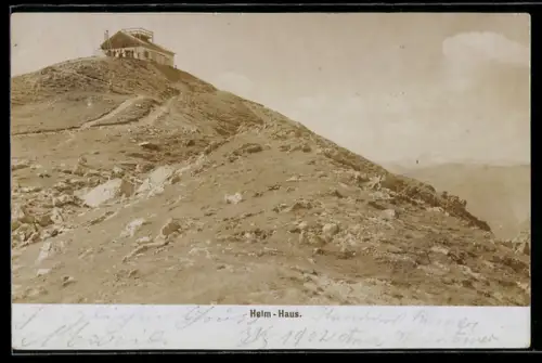 Foto-AK Fritz Gratl: Helm-Haus, Blick zum Schutzhaus