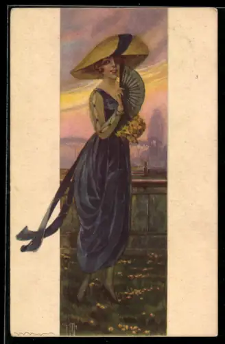 AK Elegante Dame mit Fächer in der Hand pflückt Blumen auf der Wiese, Art Deco